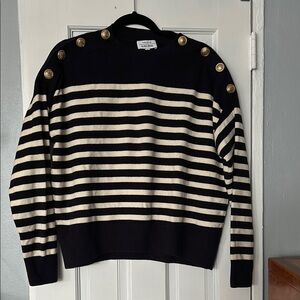 Navy and White Striped Sweater with Gold Button Accents